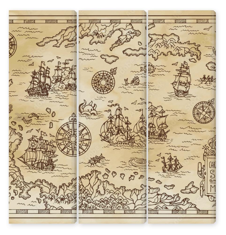 Obraz Tryptyk Ancient pirate map of the