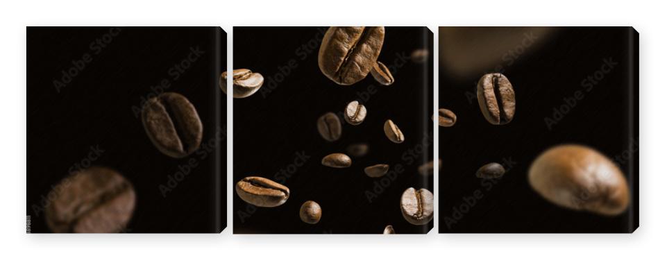 Obraz Tryptyk Coffee beans in flight on a