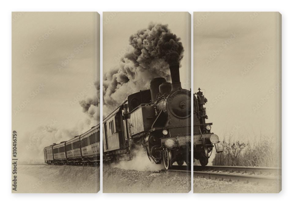 Obraz Tryptyk Vintage steam train. Old photo