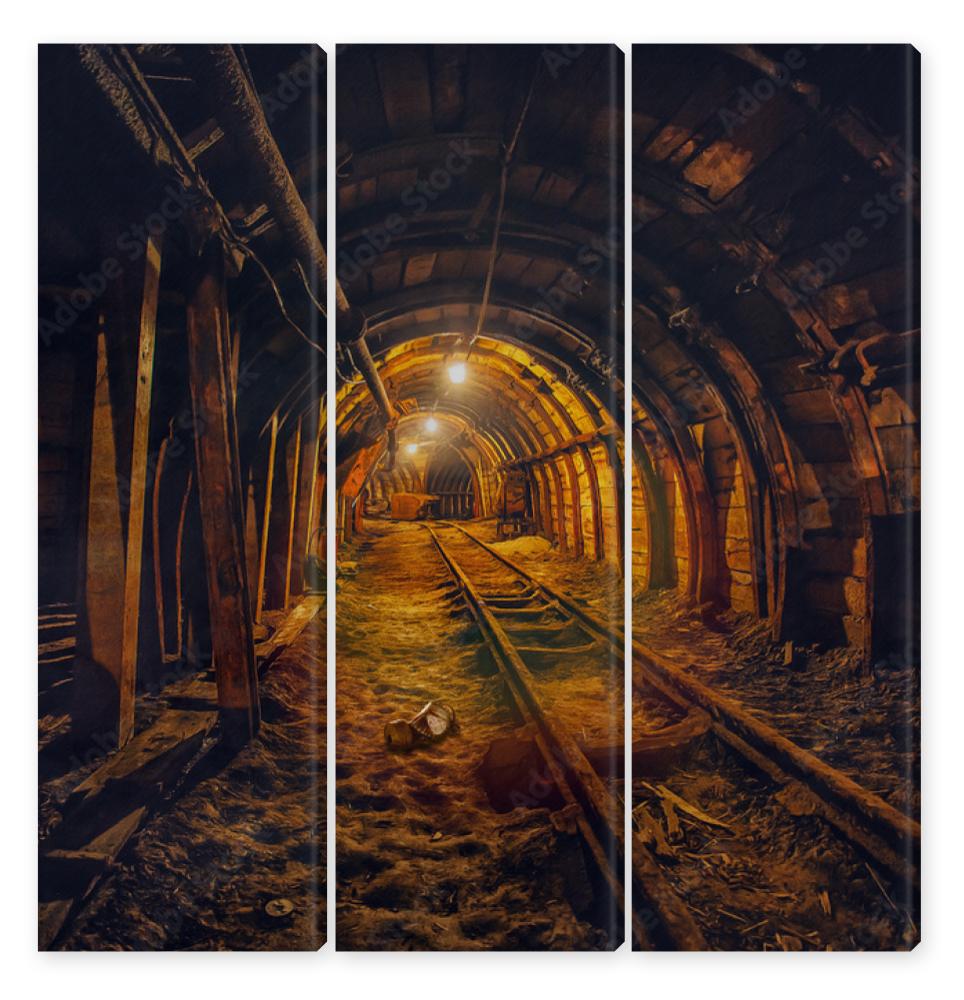 Obraz Tryptyk Underground mining tunnel with