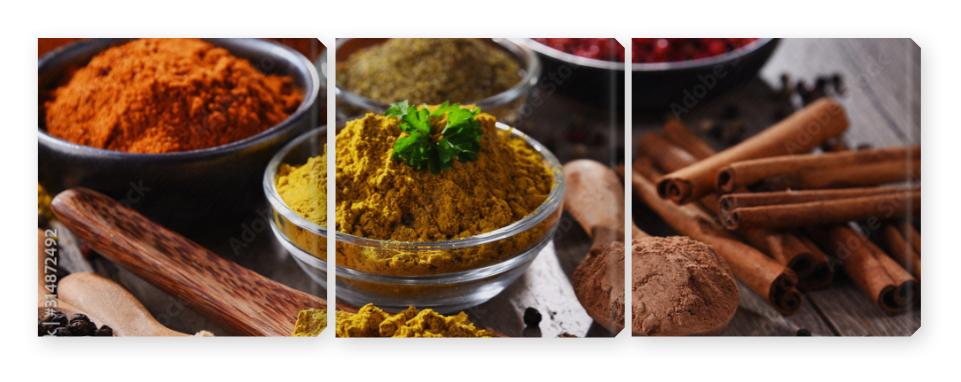 Obraz Tryptyk Variety of spices on kitchen