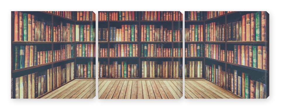 Obraz Tryptyk blurred bookshelf Many old