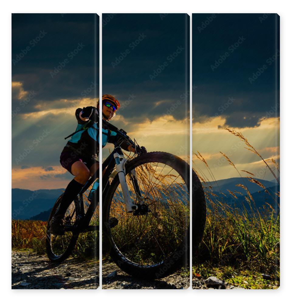 Obraz Tryptyk Mountain biking woman riding