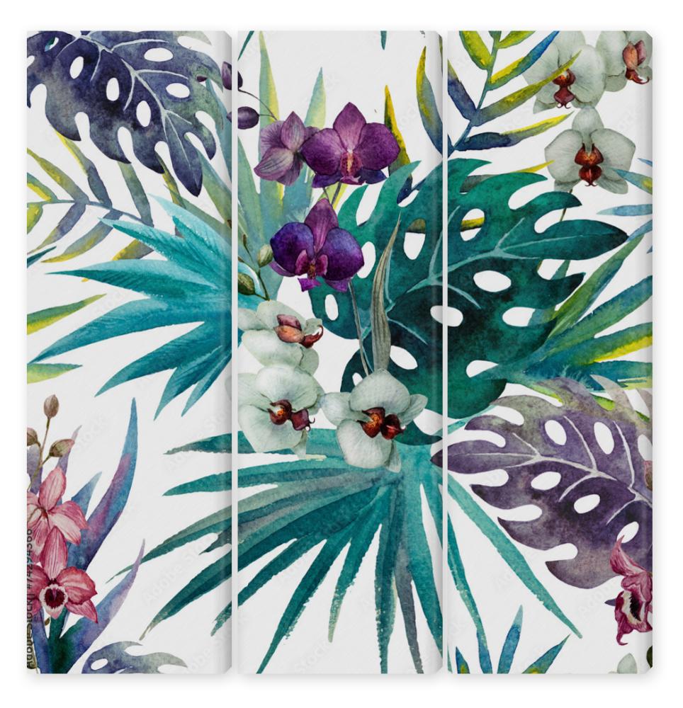 Obraz Tryptyk pattern orchid hibiscus leaves