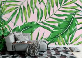 Tapeta Green palm leaves on the pink